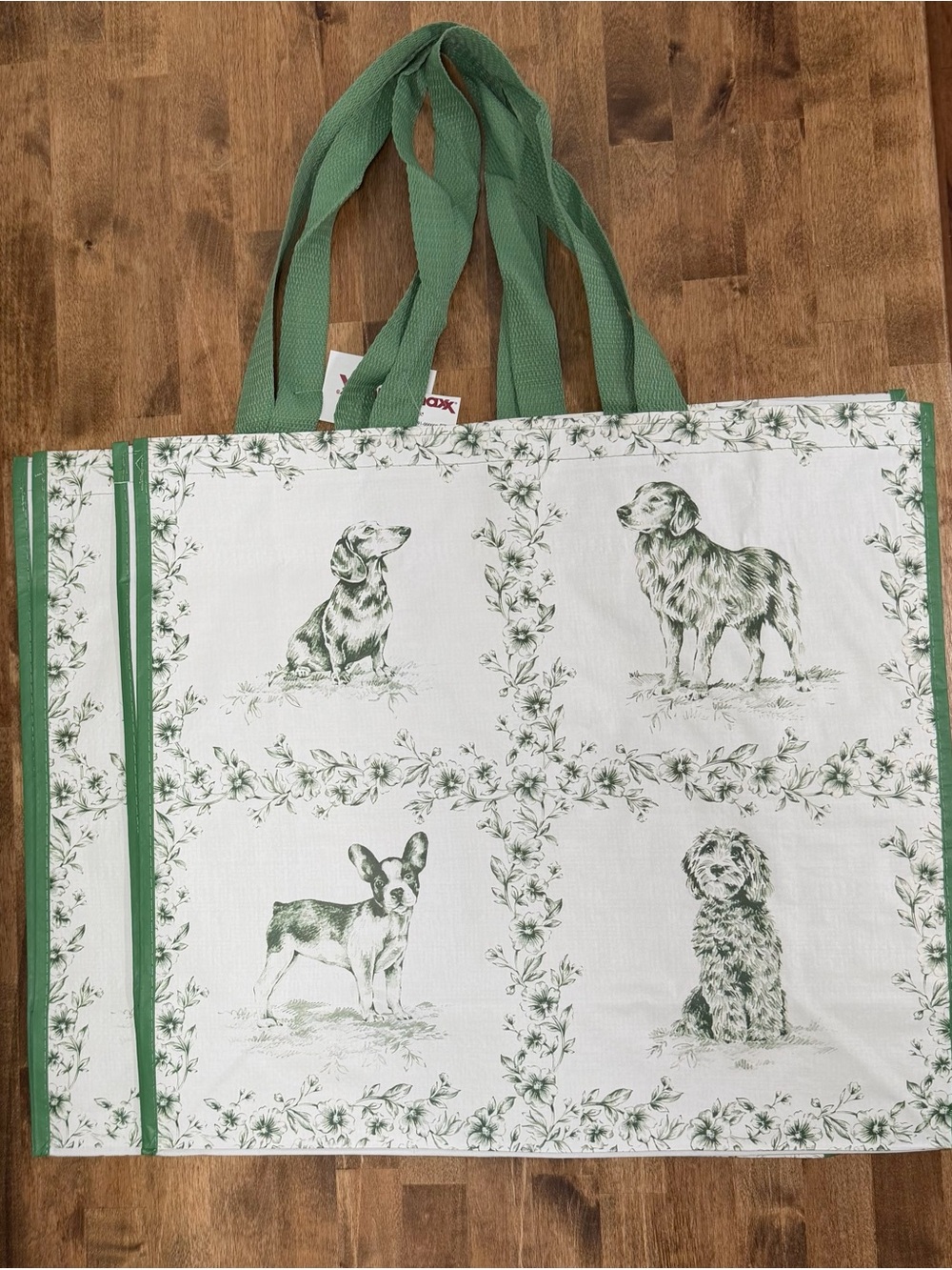 Set of 2- T.J.Maxx White Tote Bag with Green Dog Print and Green Handles- NWT